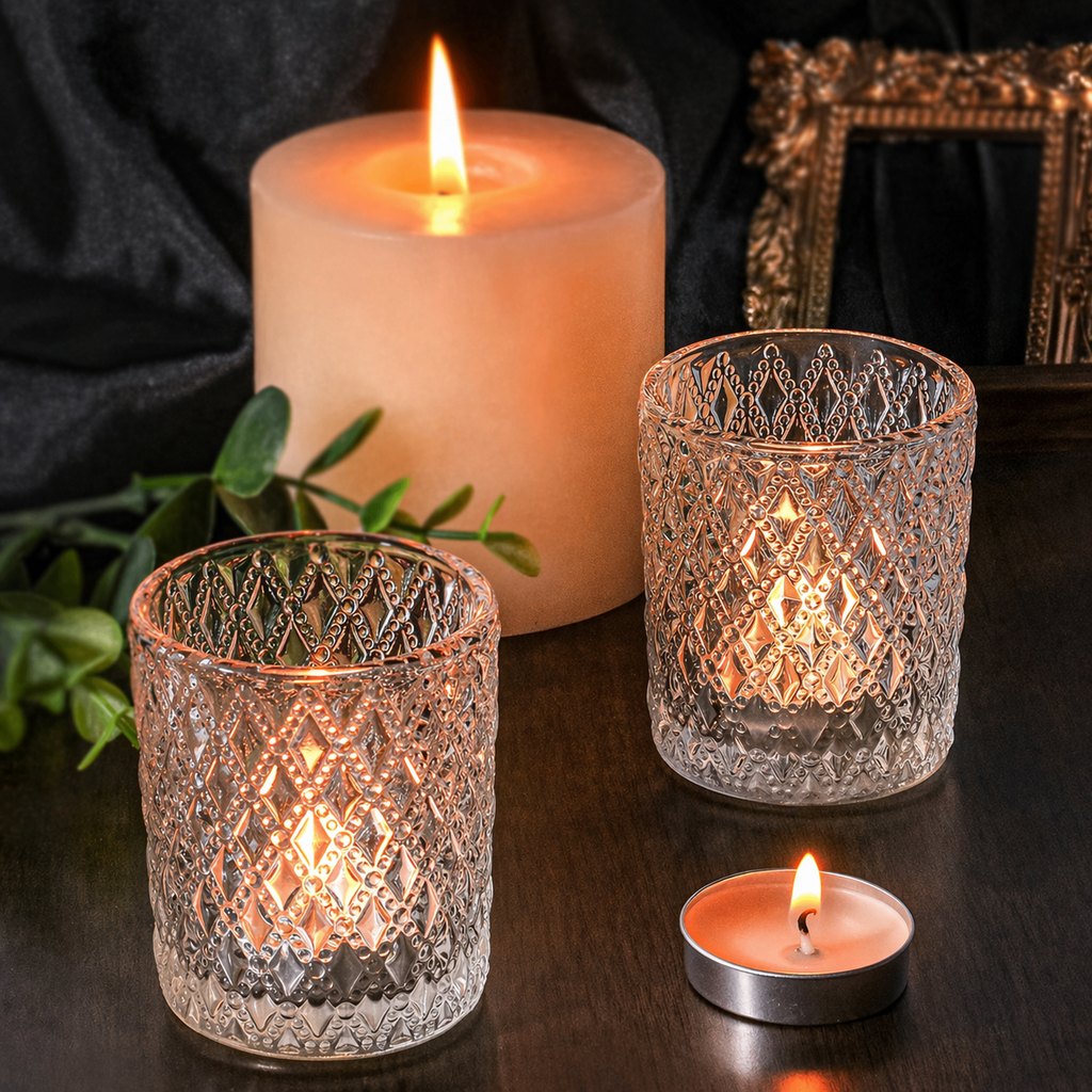 Embossed Glass Candle Holder – Elegant Tealight & Votive Cup Create a Warm, Cozy Glow in Seconds