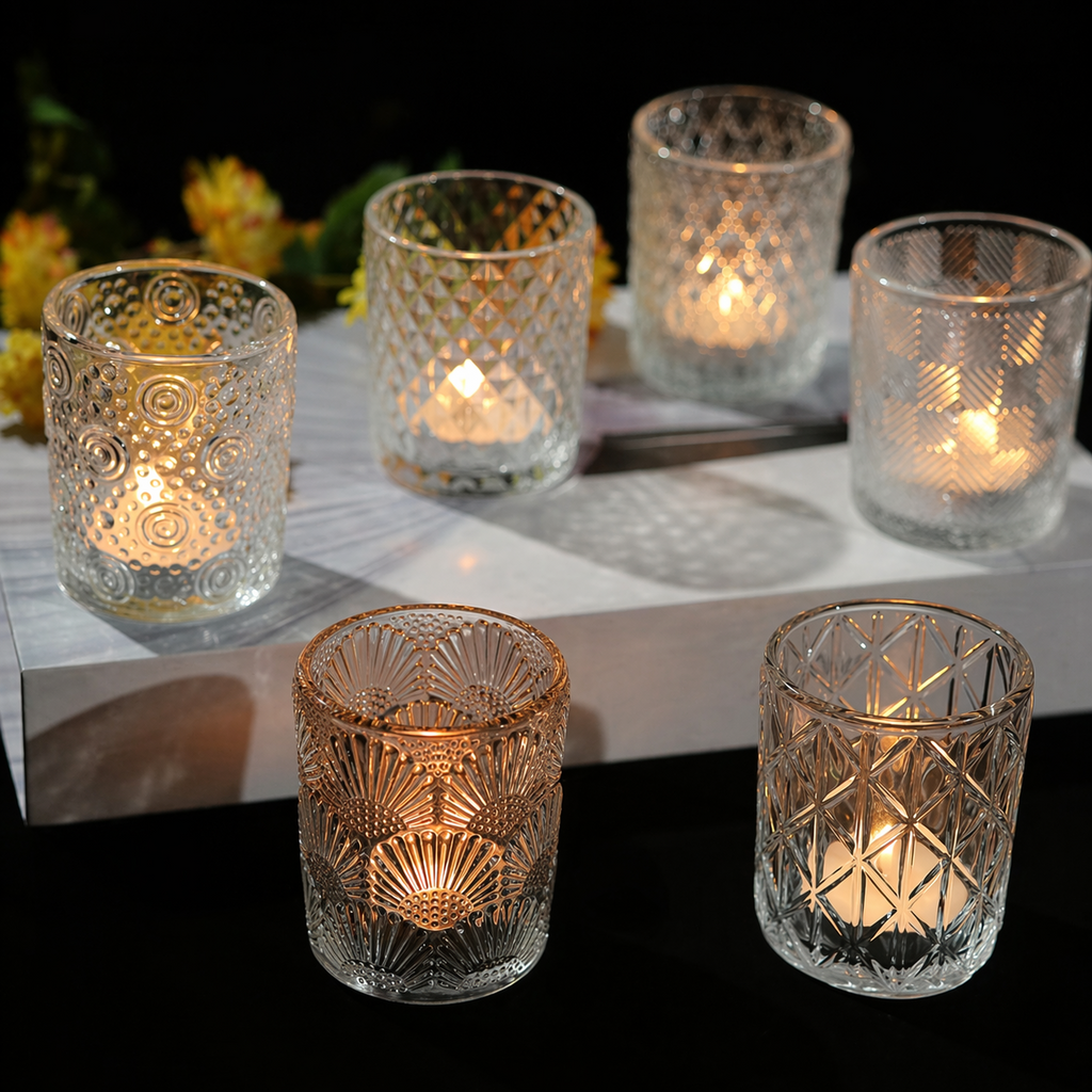 Embossed Glass Candle Holder – Elegant Tealight & Votive Cup Create a Warm, Cozy Glow in Seconds