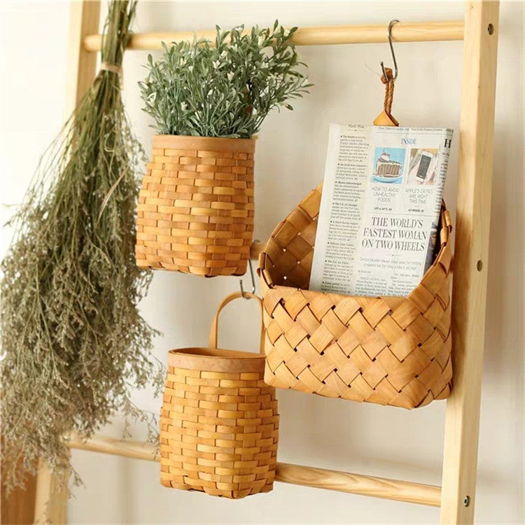 Handwoven Wall Hanging Basket – Natural Wooden Storage Organizer