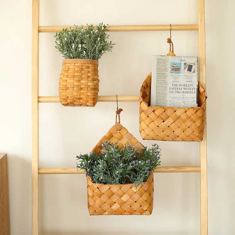 Handwoven Wall Hanging Basket – Natural Wooden Storage Organizer